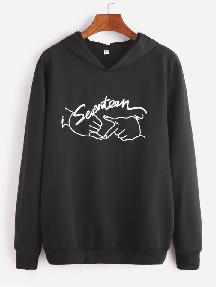 Romwe Black Gesture Print Hooded Sweatshirt