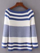 Romwe Blue Striped Raglan Sleeve Slit Side Knitwear