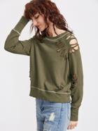 Romwe Olive Green Topstitch Detail Raglan Sleeve Distressed Sweatshirt