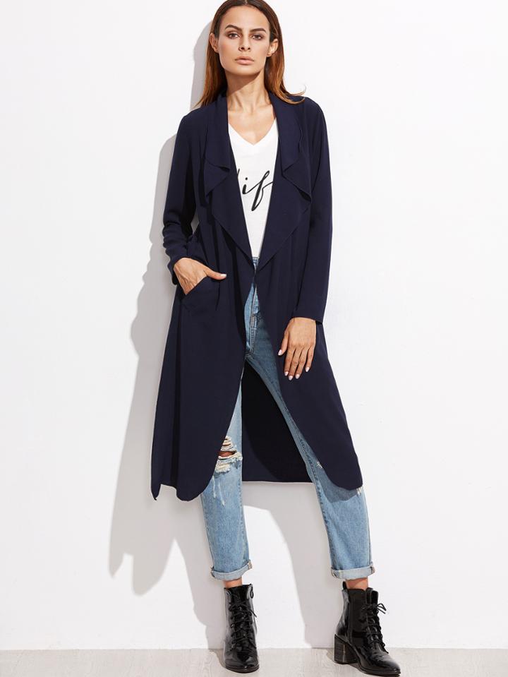 Romwe Navy Draped Collar Wrap Coat