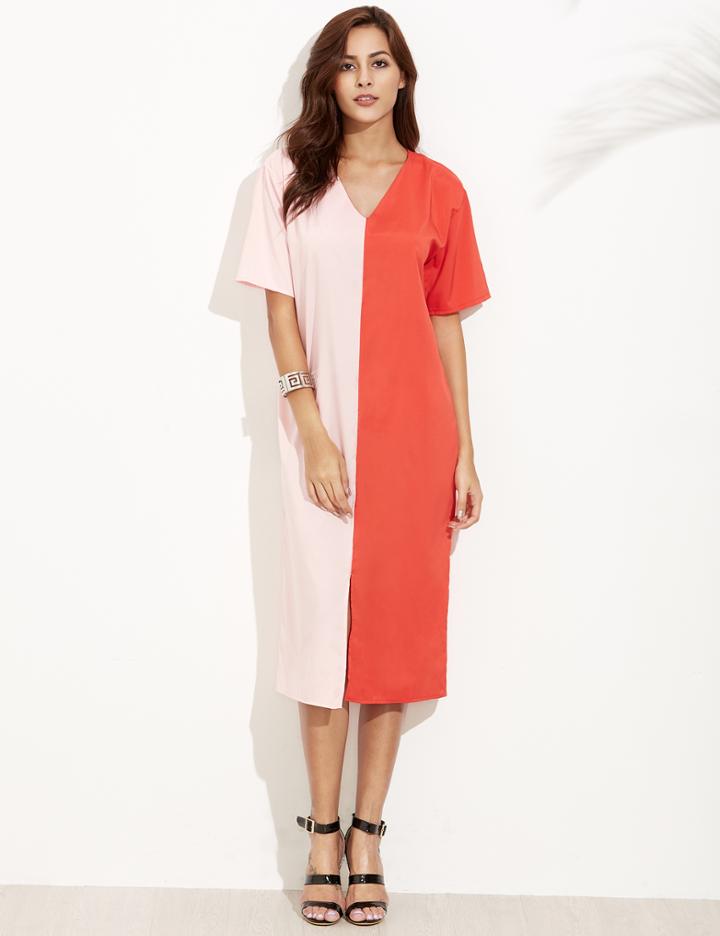 Romwe Contrast Deep V Neck Split Tunic Dress