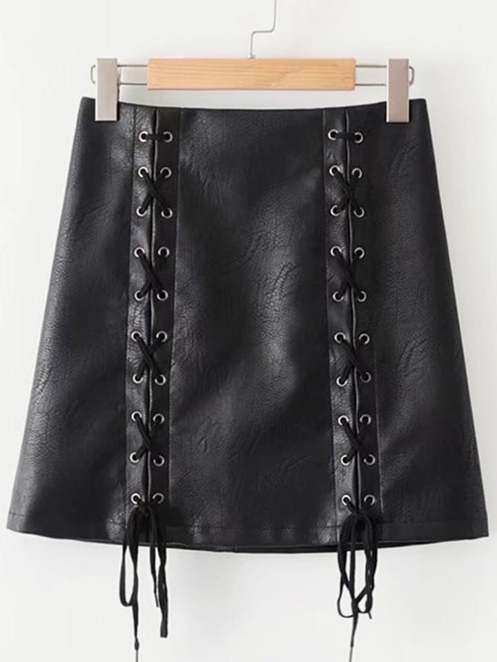 Romwe Lace Up Pu Skirt