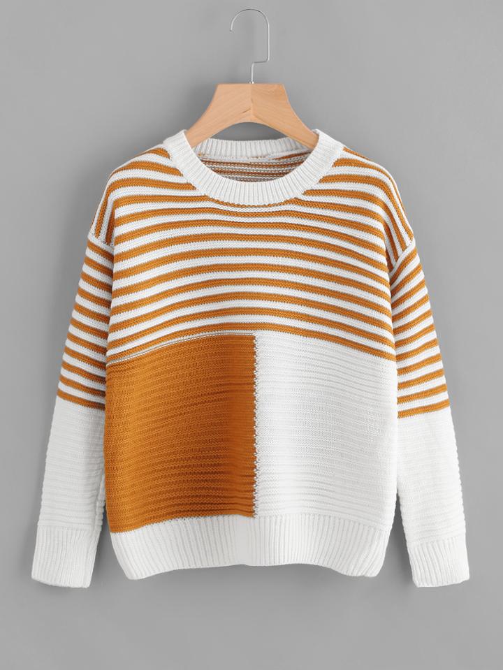 Romwe Contrast Panel Striped Jumper