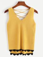 Romwe Yellow Lace Up Contrast Scallop Hem Tank Top