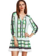 Romwe Pale Green V Neck Vintage Print Tunic Dress
