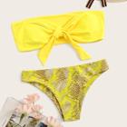 Romwe Neon Yellow Bandeau With Snake Print Bikini Set