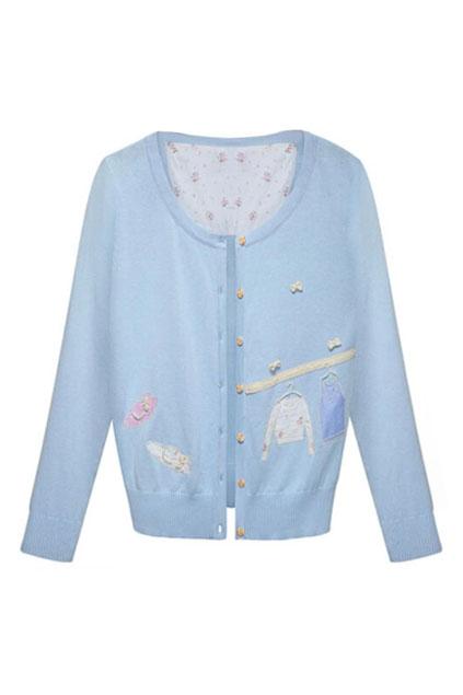 Romwe Cloths Appliqued Blue Cardigan