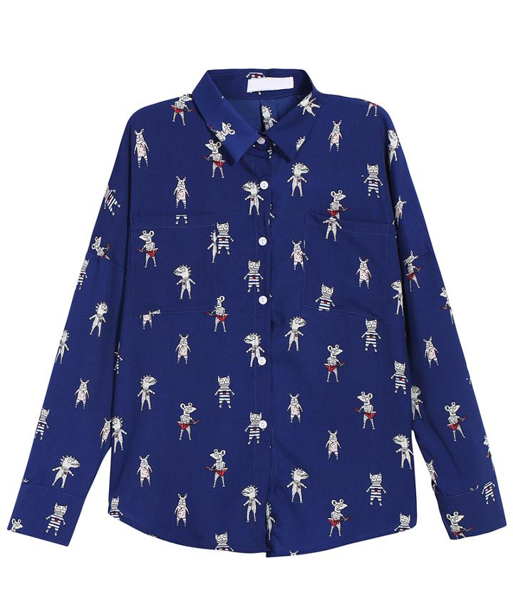 Romwe Cartoon Print Pockets Loose Blue Blouse
