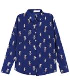 Romwe Cartoon Print Pockets Loose Blue Blouse