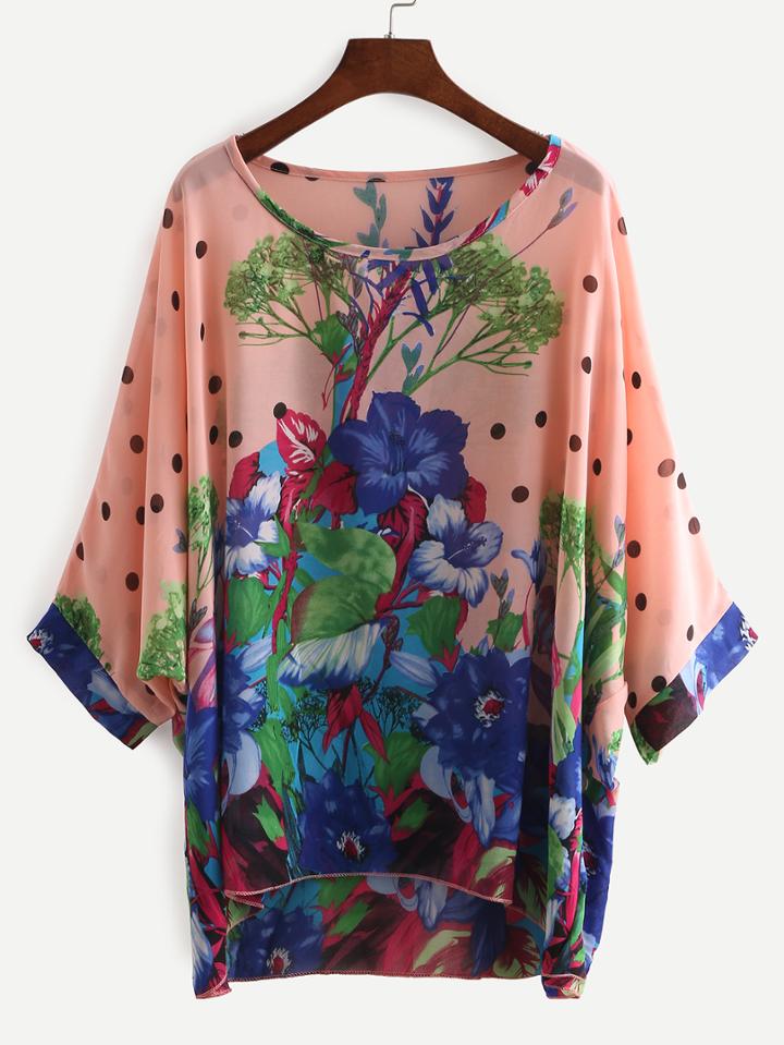 Romwe Dip Hem Florals Chiffon Shirt