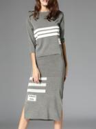 Romwe Grey Knit Striped Top With Split Skirt