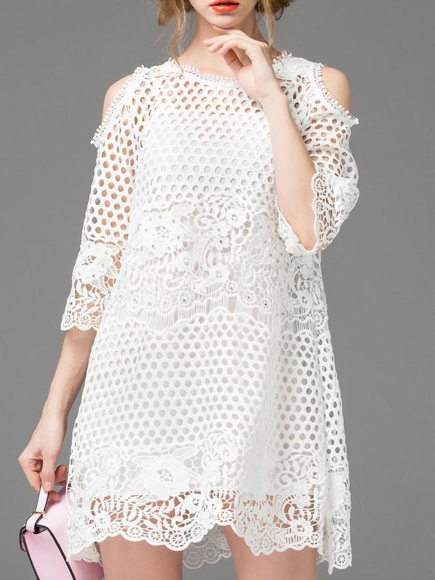 Romwe White Split Sleeve Hollow Beading Dress