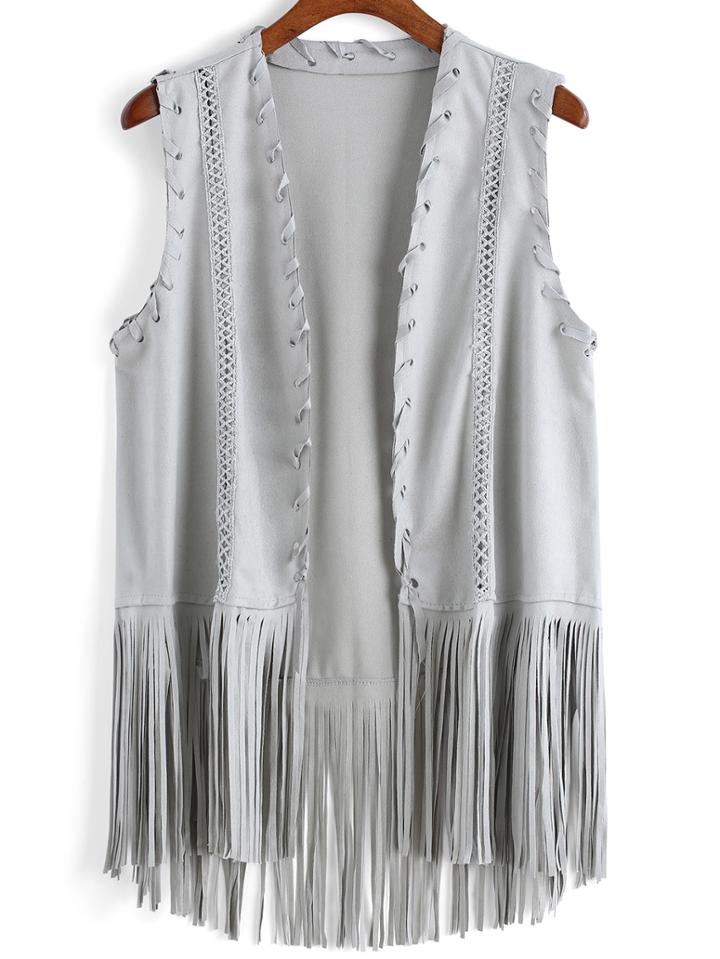 Romwe Lace Embroidered Tassel Vest