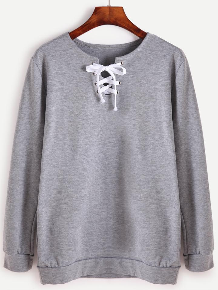 Romwe Grey Lace Up Front Long Sleeve Sweatshirt