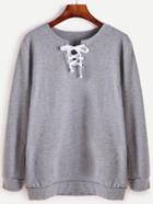 Romwe Grey Lace Up Front Long Sleeve Sweatshirt
