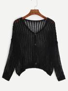 Romwe Black Drop Shoulder Hollow Button Front Cardigan