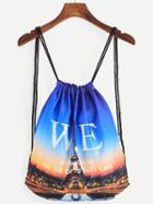 Romwe Blue Eiffel Tower Print Drawstring Backpack