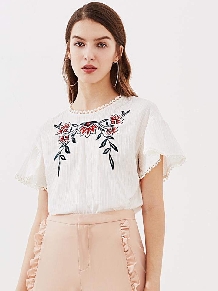 Romwe Lace Trim Keyhole Back Flower Embroidered Textured Top