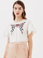 Romwe Lace Trim Keyhole Back Flower Embroidered Textured Top