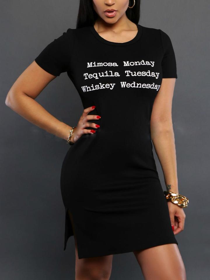 Romwe Letter Pirnt Side-slit Black Tee Dress