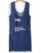 Romwe Scoop Neck Fringe Letter Print Denim Tank Dress