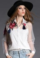 Romwe Sheer Mesh Embroidered Organza White Blouse