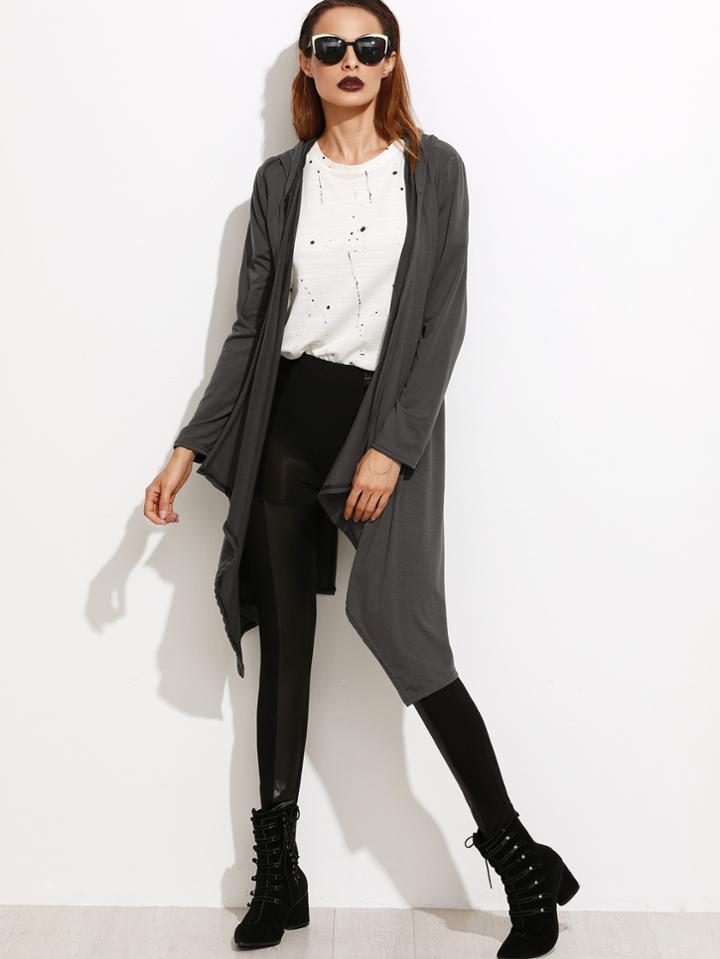 Romwe Grey Open Front Hooded Pockets Coat