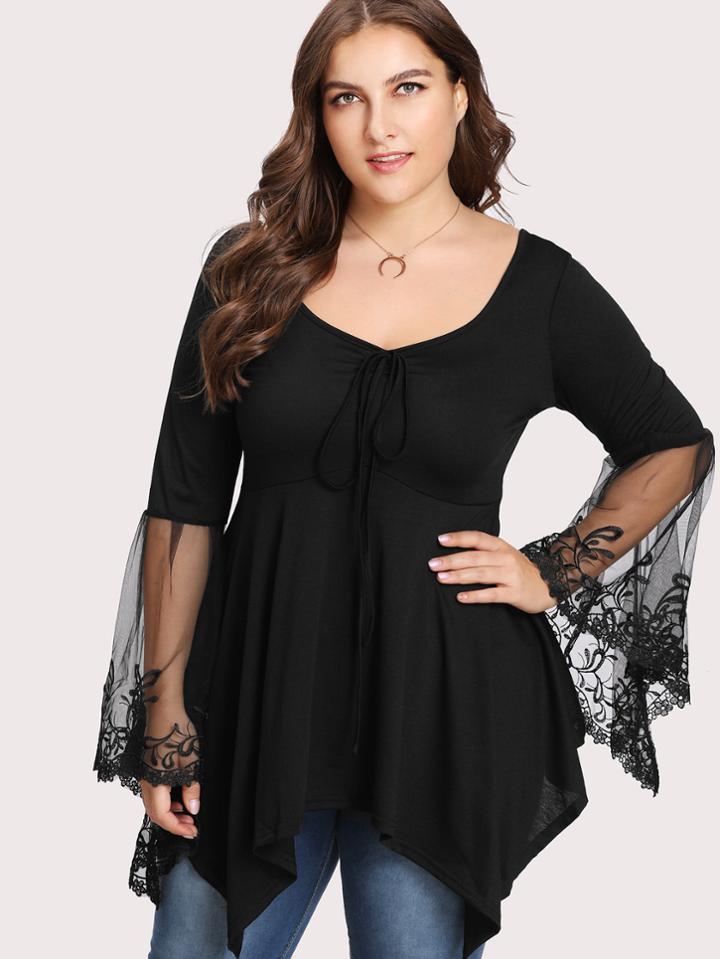 Romwe V Neckline Mesh Panel Lace Trim Top