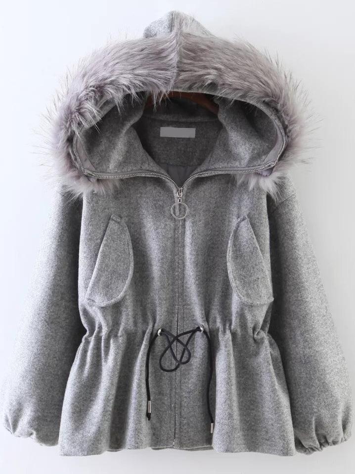 Romwe Grey Drawstring Waist Faux Fur Hooded Coat