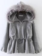 Romwe Grey Drawstring Waist Faux Fur Hooded Coat