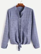 Romwe Blue Grid Print Tie Front Blouse With Pockets