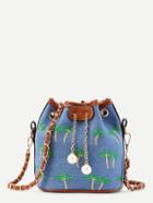 Romwe Palm Tree Embroidery Bucket Bag With Faux Pearl