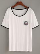 Romwe White Contrast Trim Embroidered Patch T-shirt