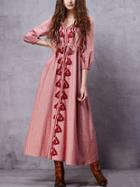 Romwe Drawstring Waist Long Embroidered Dress - Red