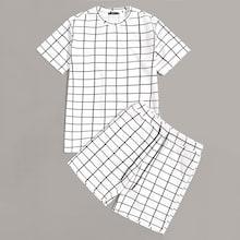 Romwe Guys Grid Top & Drawstring Waist Shorts Set