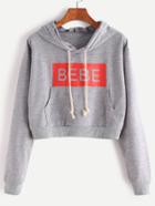 Romwe Heather Grey Hooded Letter Print Pocket Crop Sweatshirt