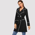 Romwe Contrast Binding Double Breasted Belted Coat