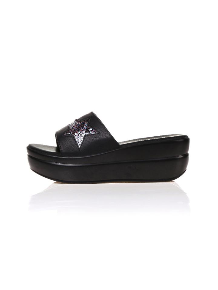 Romwe Gliter Star Black Flatform Slide Sandals