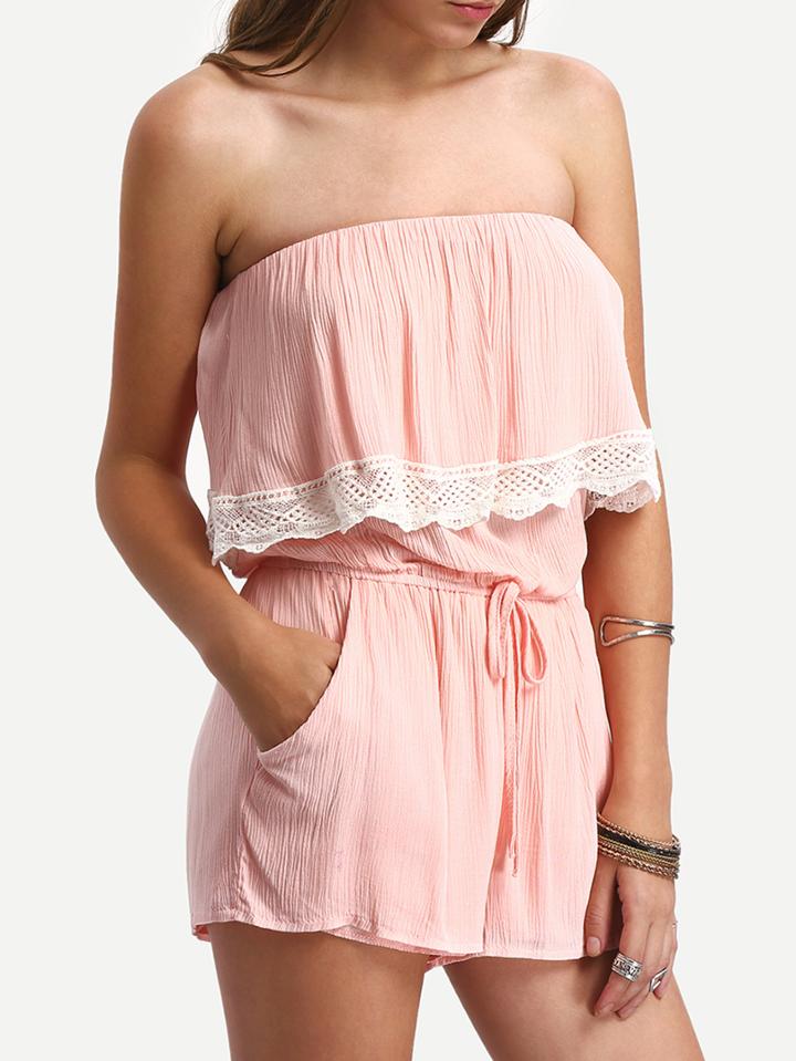 Romwe Lace Trimmed Ruffled Belted Strapless Pink Jumpsuit
