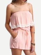 Romwe Lace Trimmed Ruffled Belted Strapless Pink Jumpsuit