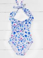 Romwe Calico Print Ruffle Trim Halter Swimsuit