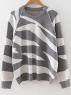 Romwe Grey Zebra Pattern Raglan Sleeve Sweater