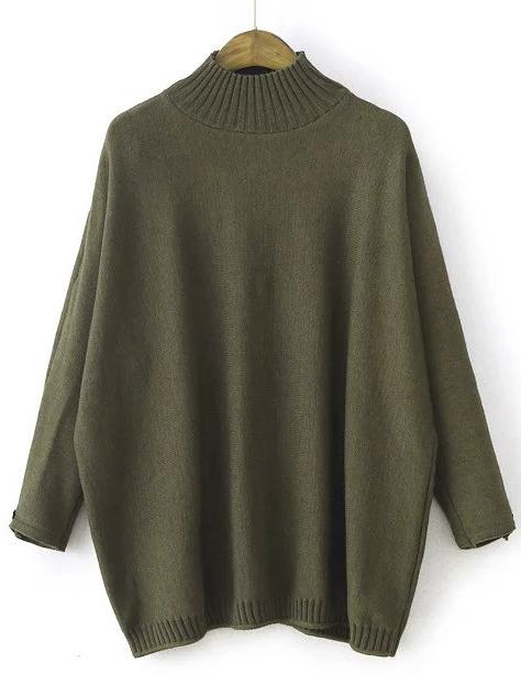 Romwe Army Green Mock Neck Patch Detail Loose Sweater
