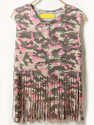 Romwe Fringe Pink Camouflage Sleeveless Top