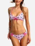 Romwe Halter Strappy Lace-up Bikini Set - Pink