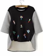 Romwe Colour-block Half Sleeve Embroidered Sweatshirt