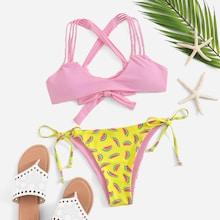Romwe Tie Side Criss Cross Random Fruit Print Bikini Set