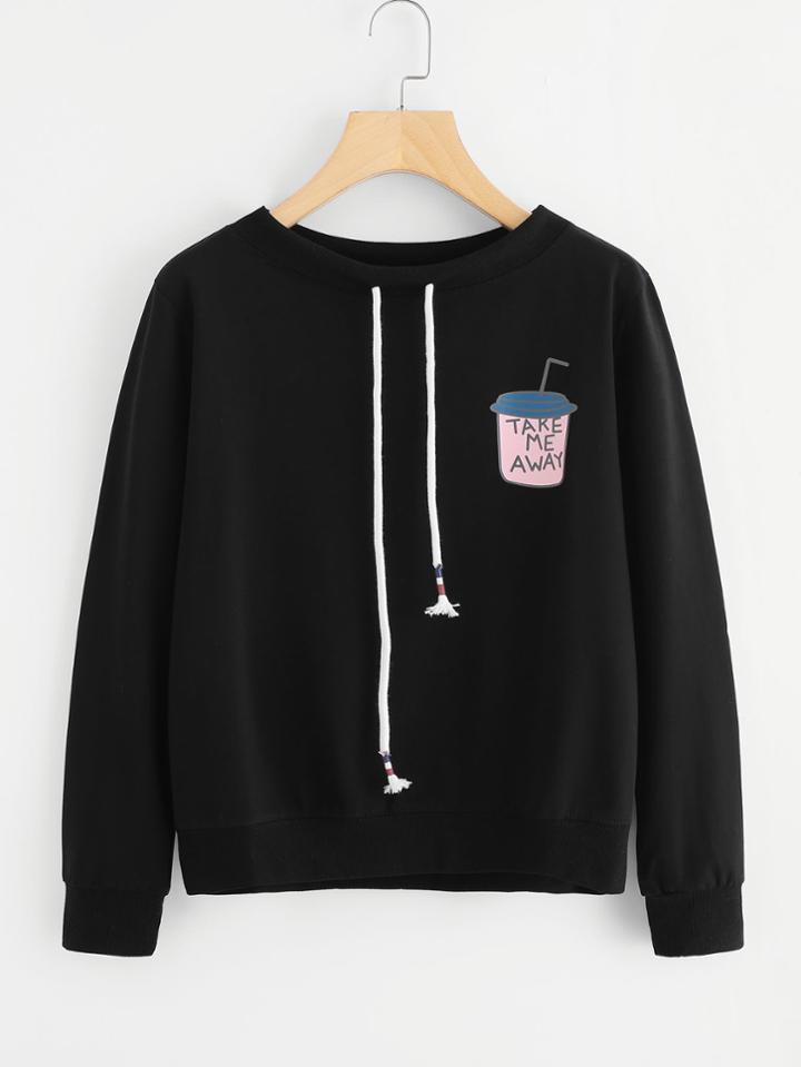 Romwe Drink Print Drawstring Tee