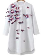 Romwe White Dip Hem Solid Butterflies Embroidery Blouse