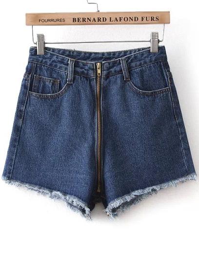 Romwe With Zipper High Waist Fringe Denim Shorts